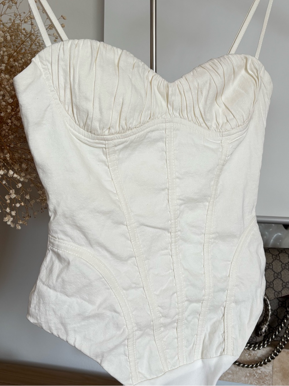 ZARA Ivory Cream Corset Bodysuit Ruched Bust Bustier Cami Strappy Top S Y2K - Picture 14 of 15